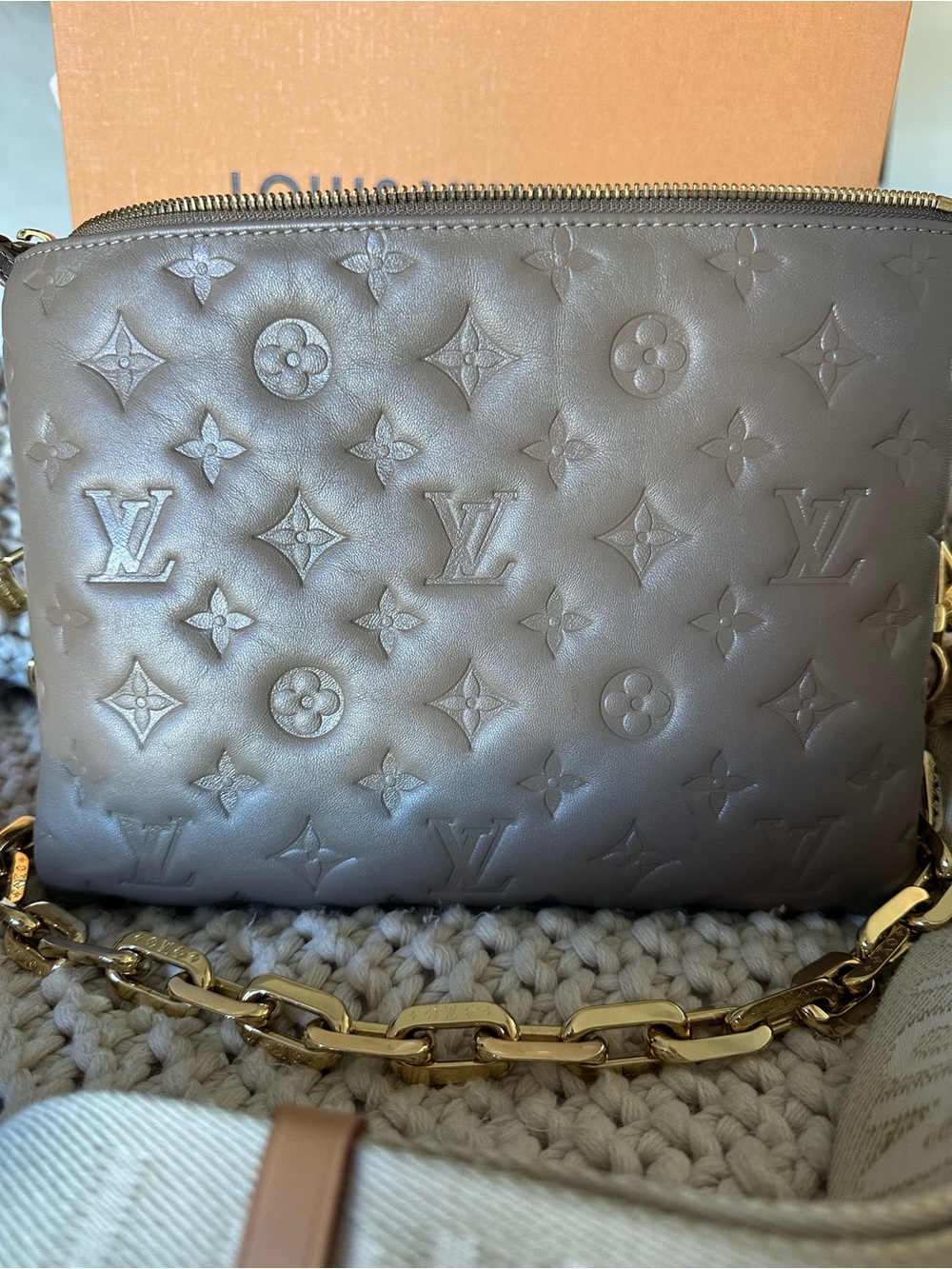 Louis Vuitton Beige Embossed Monogram Crossbody Bag with Cream Strap - Picture 8 of 10